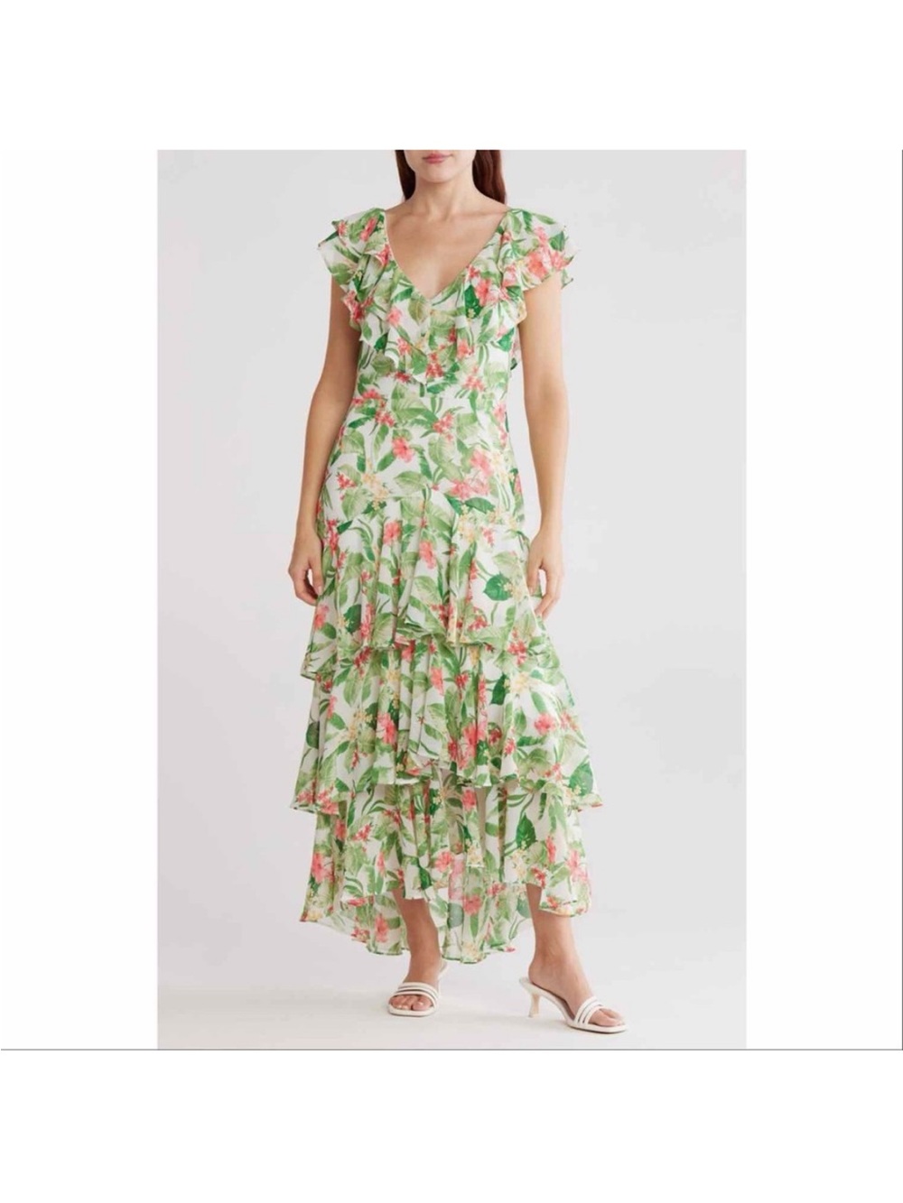 WAYF Floral Tiered V-Neck Maxi Dress - White with Green & Coral Floral XS NWOT